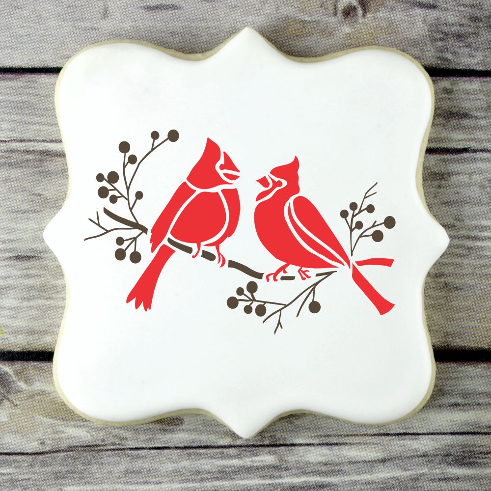 Cardinals on a Branch Cookie Stencil used on a cookie sample idea