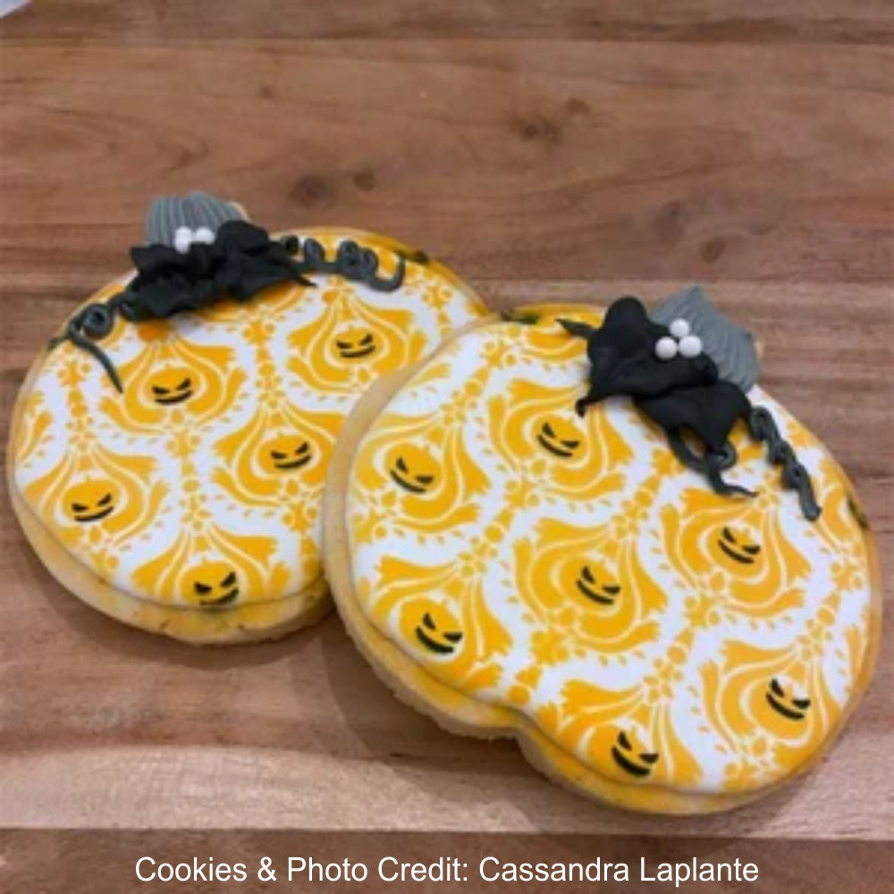 HALLOWEEN DAMASK COOKIE STENCIL BY JULIA USHER AIRBRUSHED BY Cassandra Laplante