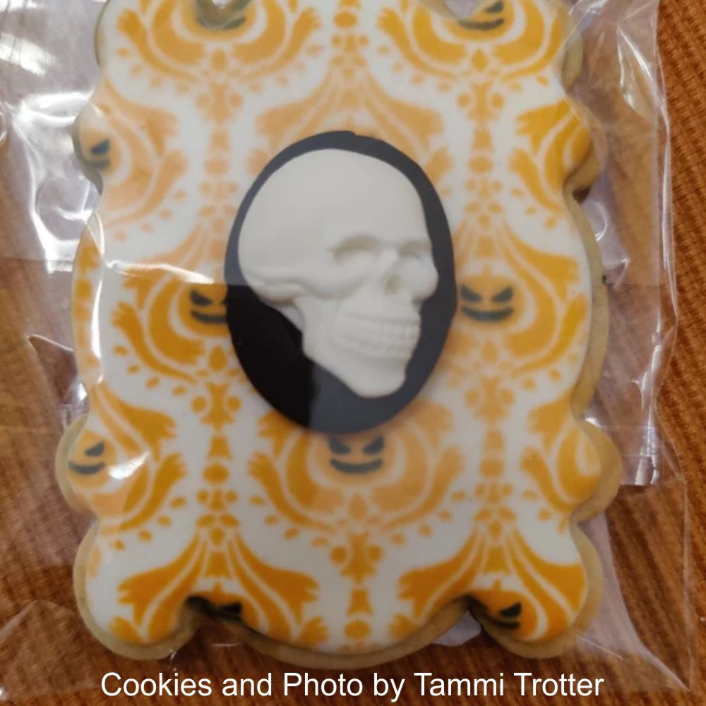 Julia Usher's Halloween Damask Stencil Airbrushed onto cookies by Tammi Trotter