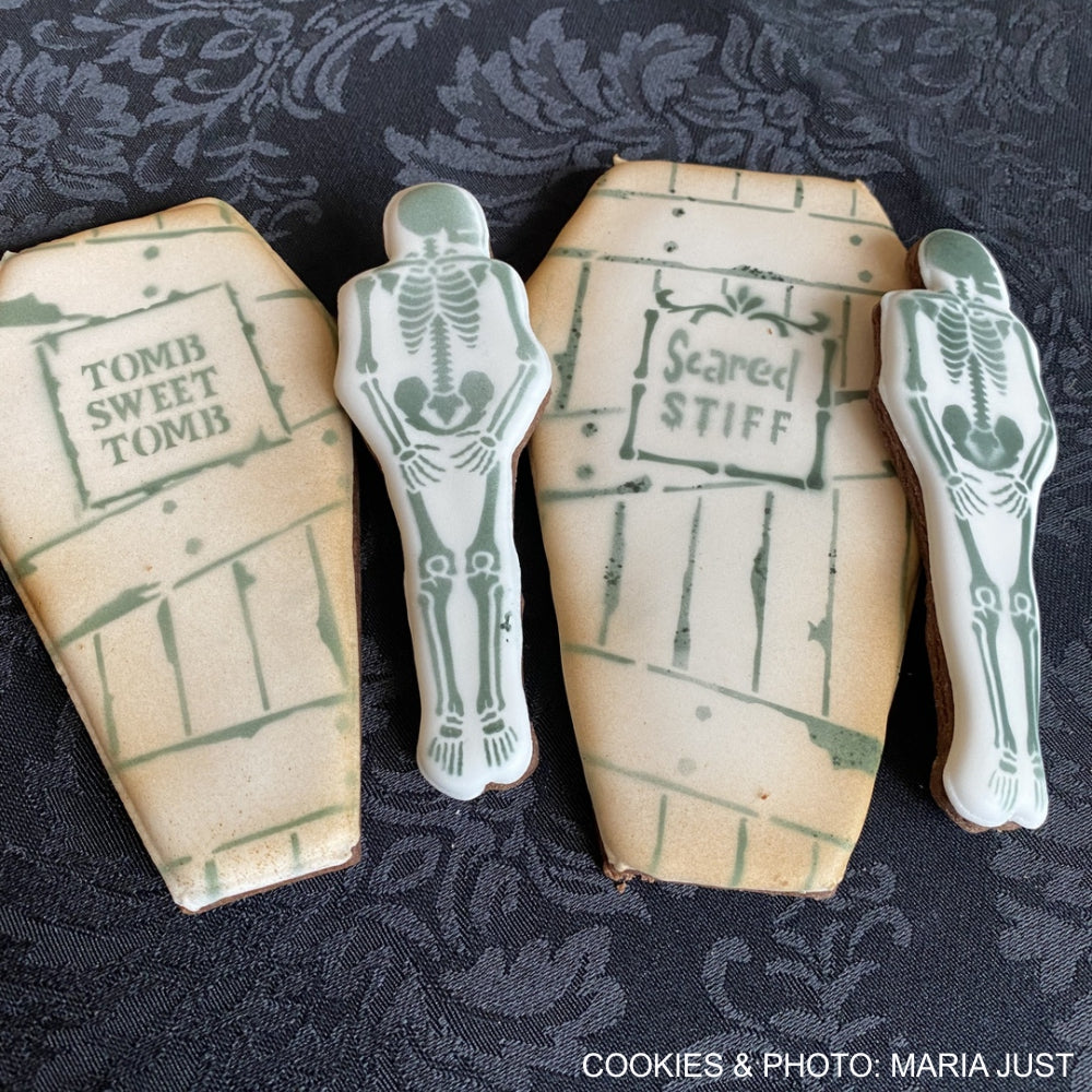 Halloween Coffin & Skeleton Dynamic Duos Cookie Stencil Set ON COOKIES DECORATED BY MARIA JUST
