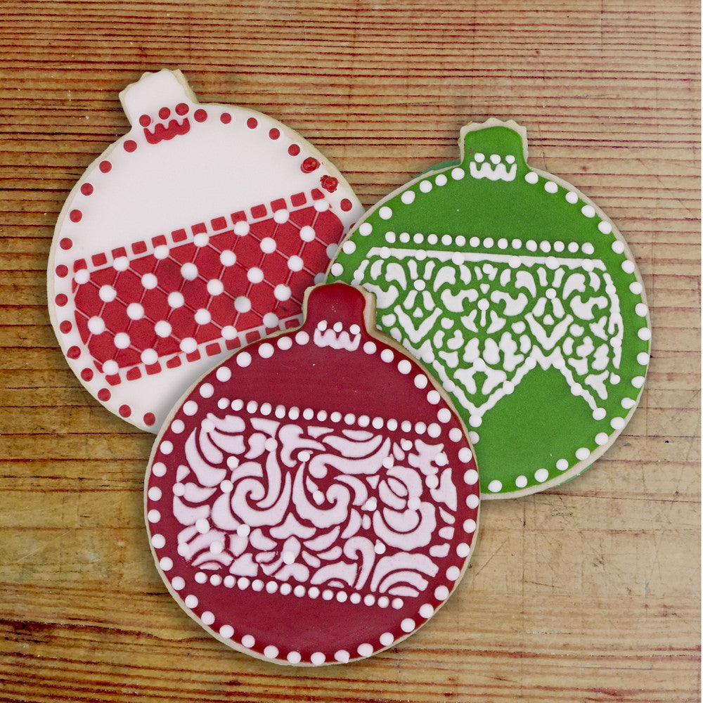 Lace Ball Ornament Cookie Stencil and Cutter Set Cookies