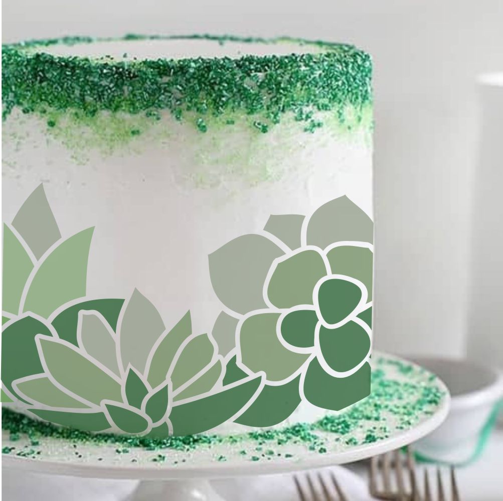 Cake stenciled with succulent pattern and green edible glitter