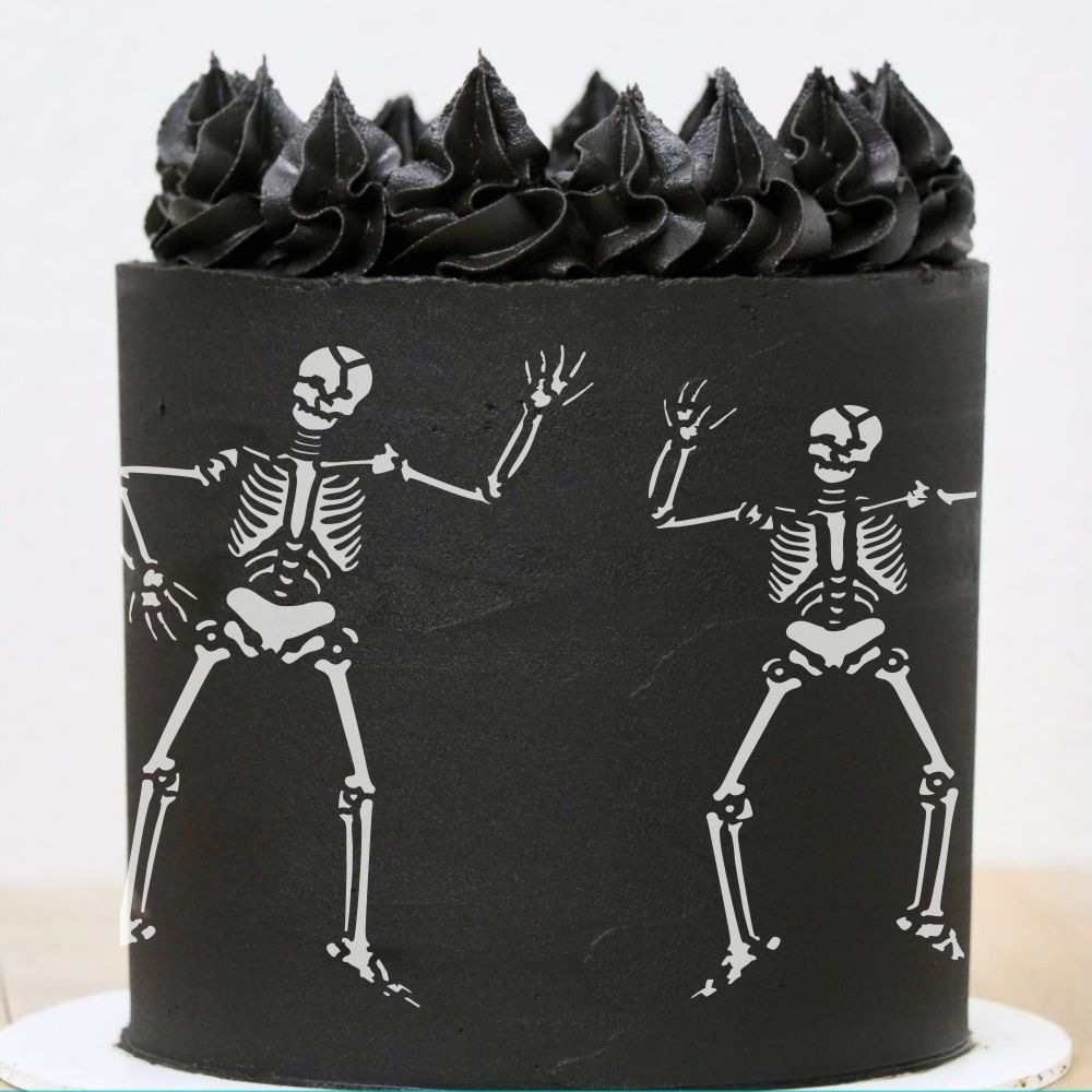 Skeleton cake stencil airbrushed on black cake