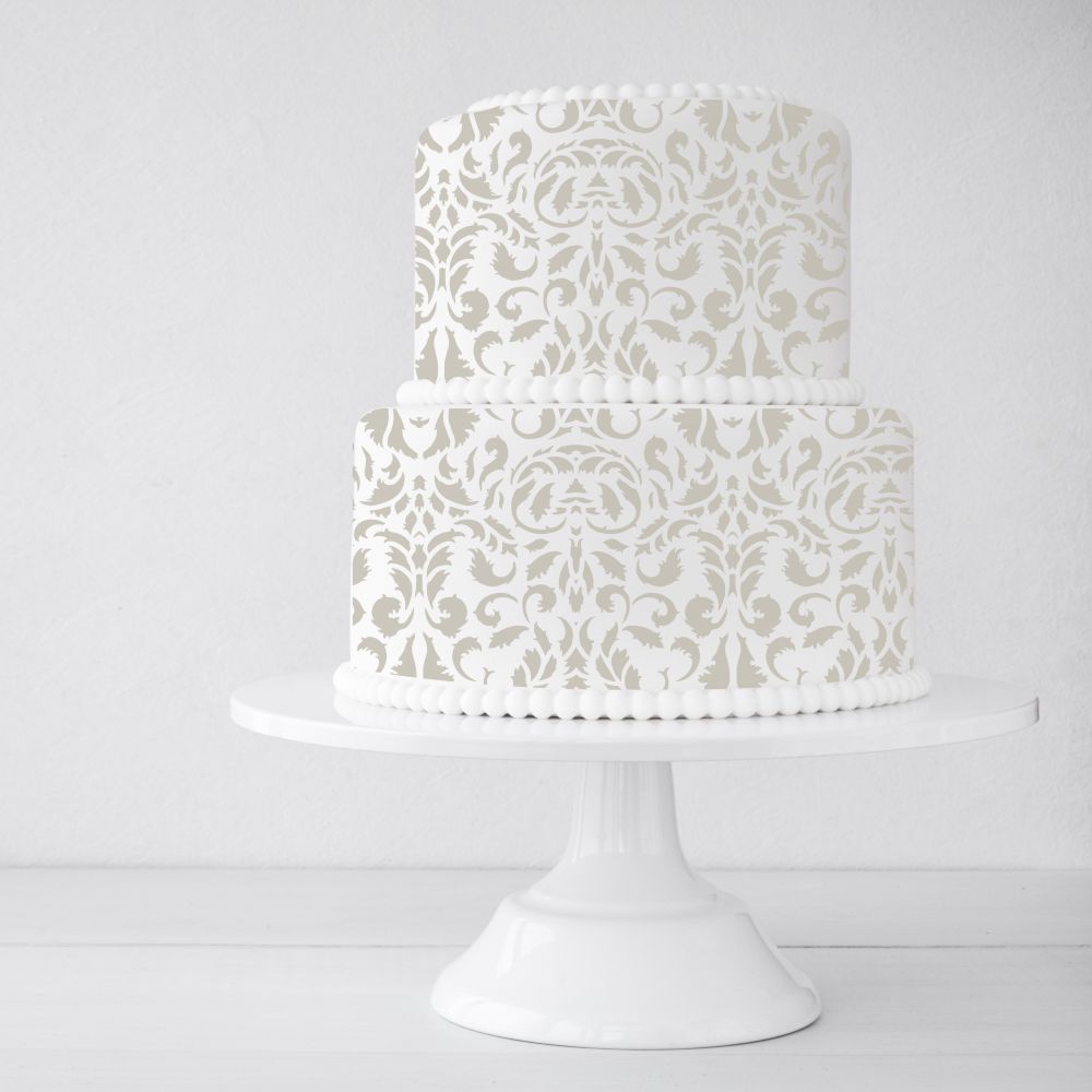Acanthus Cake Side Stencil Pink Wedding Cake. Stencil your wedding Cake today!