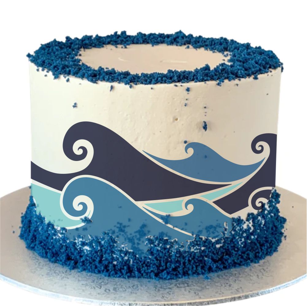 Decorated cake with blue stenciled waves using rolling waves cake stencil