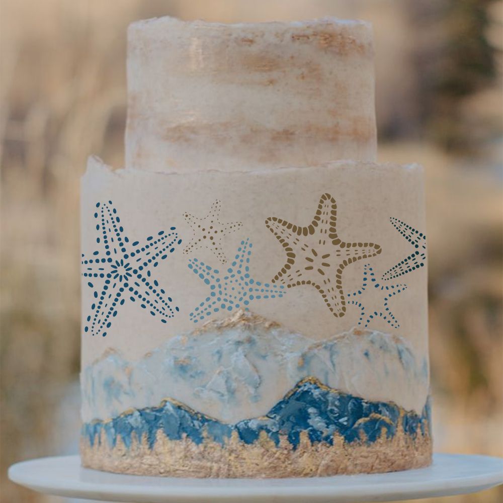 Beach Theme Decorated Cake  with stenciled starfish