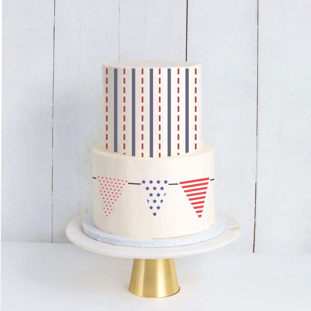 Decorated two tiered cake for fourth of July