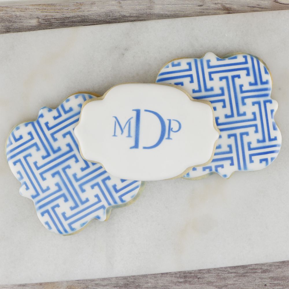 Monogrammed cookies using Greenwich Key Background Stencil and Simple Script Alphabet Set
