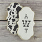 Cowhide Print Monogrammed cookies using the Out West Alphabet Cookie Stencils