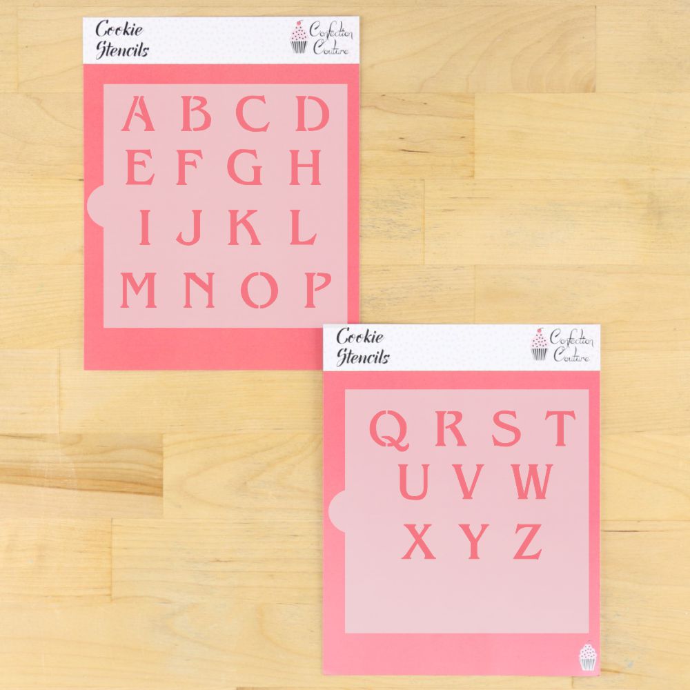 Linzer Monogram Basic Alphabet Cookie Stencil Set in packaging