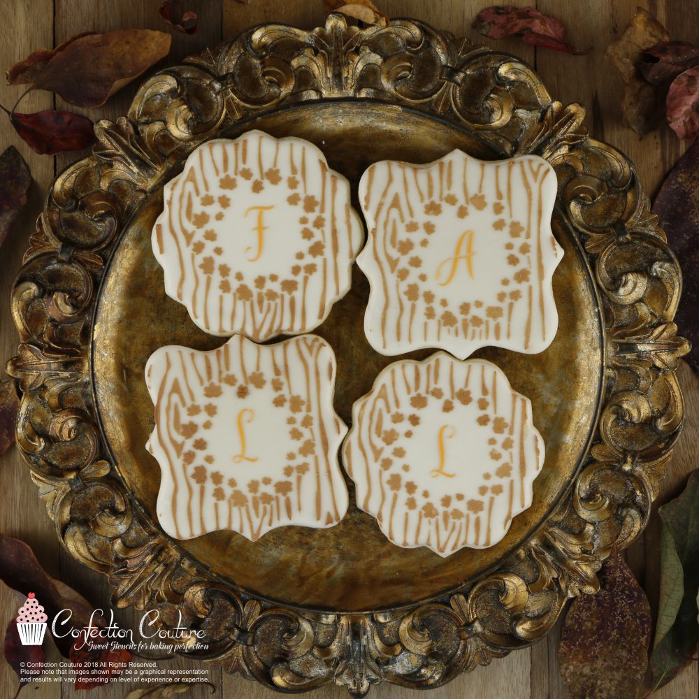 Cookies airbrushed with the Amaretti Lettering and Autumn Maple Fall Cookie Stencil