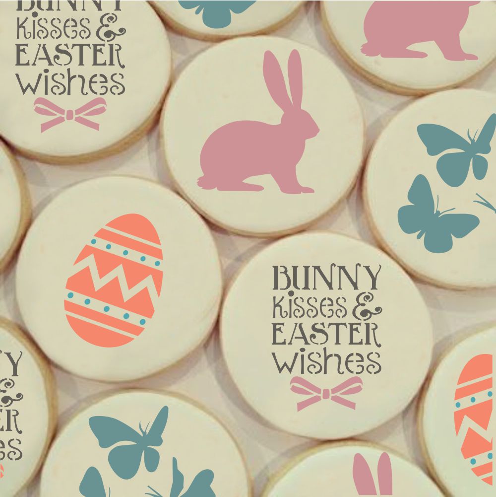 Round 3 inch cookies decorated with Bunny Kisses and Easter Wishes Cookie Stencil