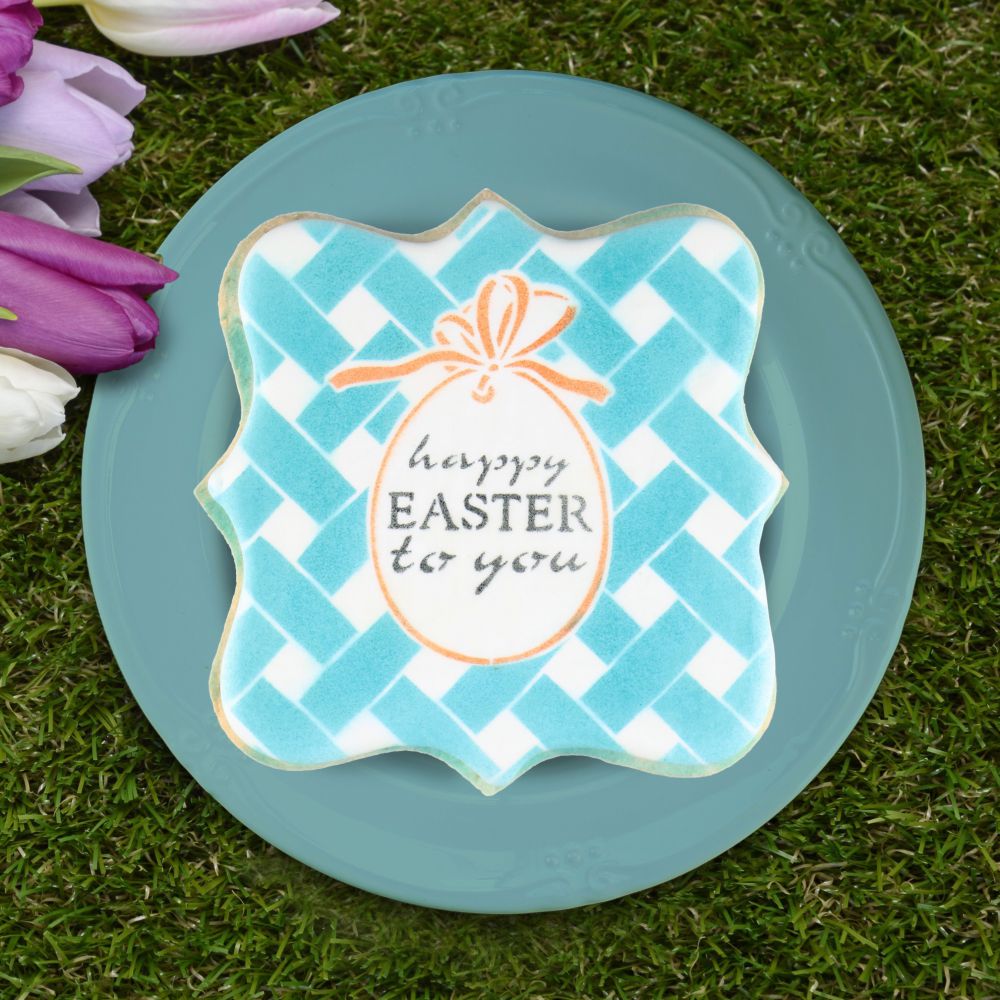 Easter Cookie airbrushed with Happy Easter Background and Message Cookie Stencil