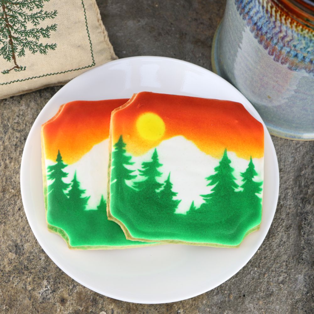 Airbrushed Cookies with Pine Trees and Mountains