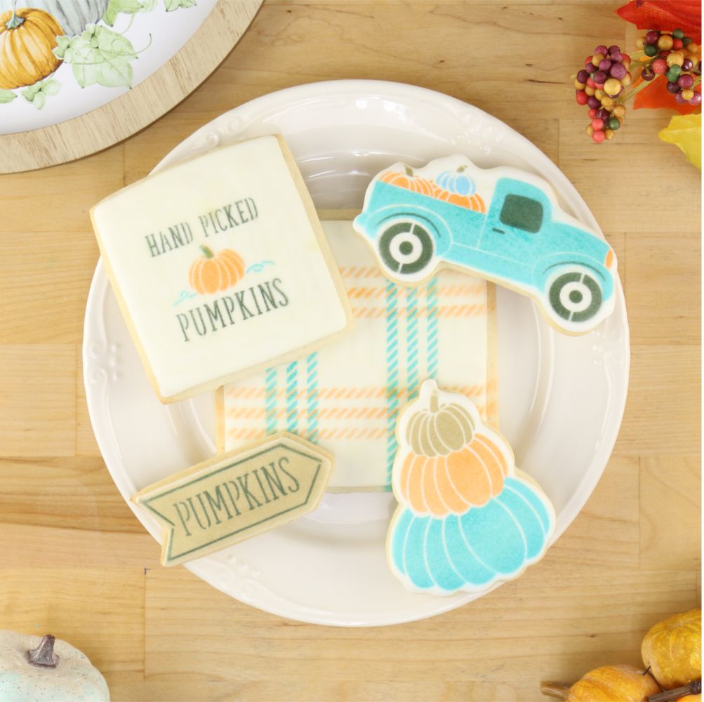 pumpkin patch decorated cookies for fall using fall cookie stencils