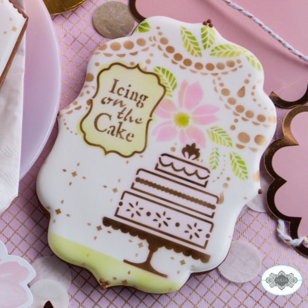 Cookie stenciled by Julia Usher using the Take the Cake Dynamic Duos Cookie Stencils