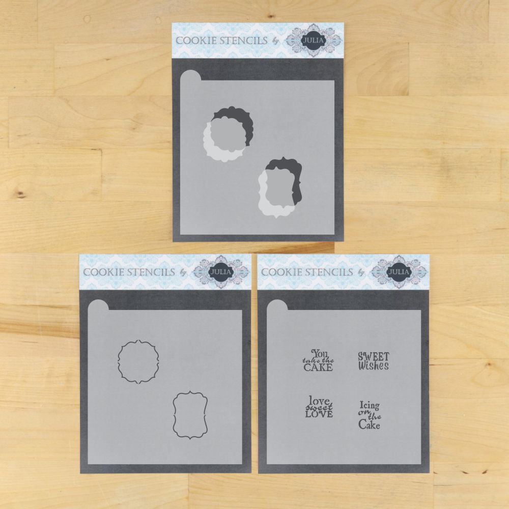 Take the cake dynamic duos message and frames cookie stencil set by julia usher