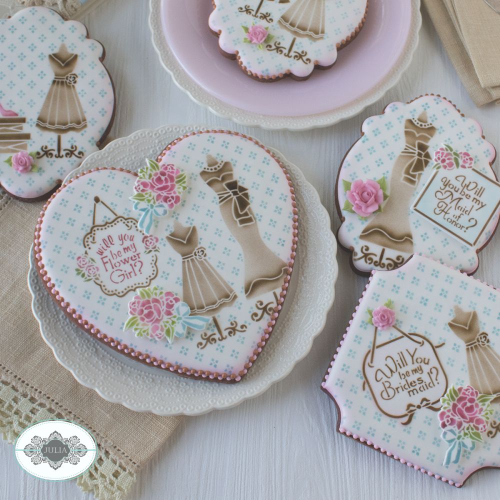 Cookies decorated by Julia Usher using Bridal Party Dynamic Duos Cookie Stencil Set