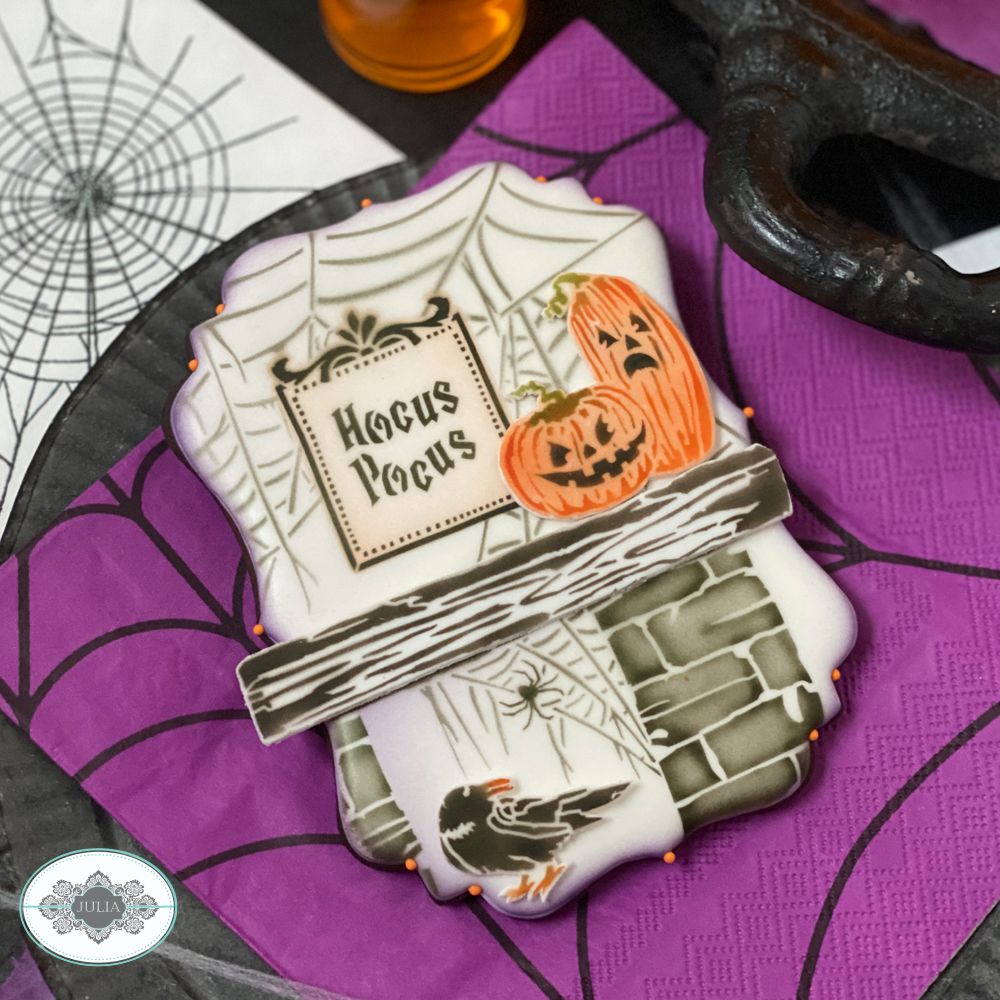 hocus pocus cookie stencil message airbrushed on halloween cookie  by julia usher