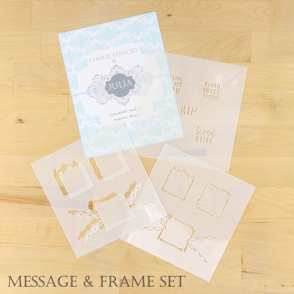 Halloween Coffin and Skeleton Dynamic Duos Message and Frame Cookie Stencil Set