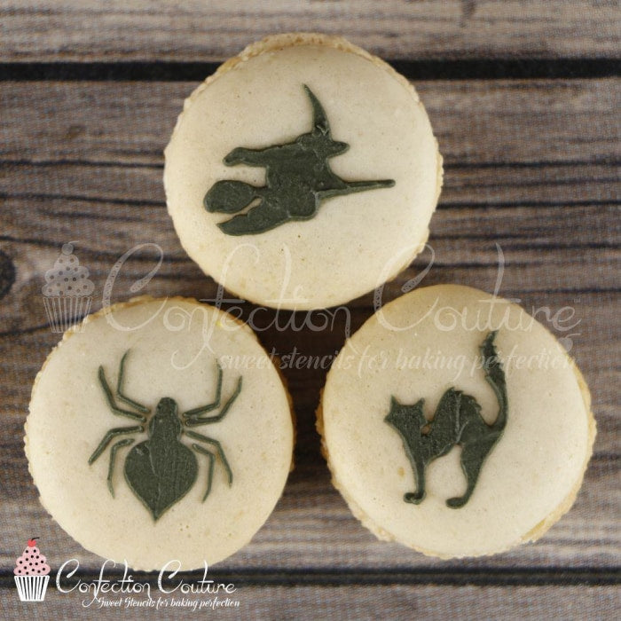 Macarons decorated with Halloween Cookie Stencil